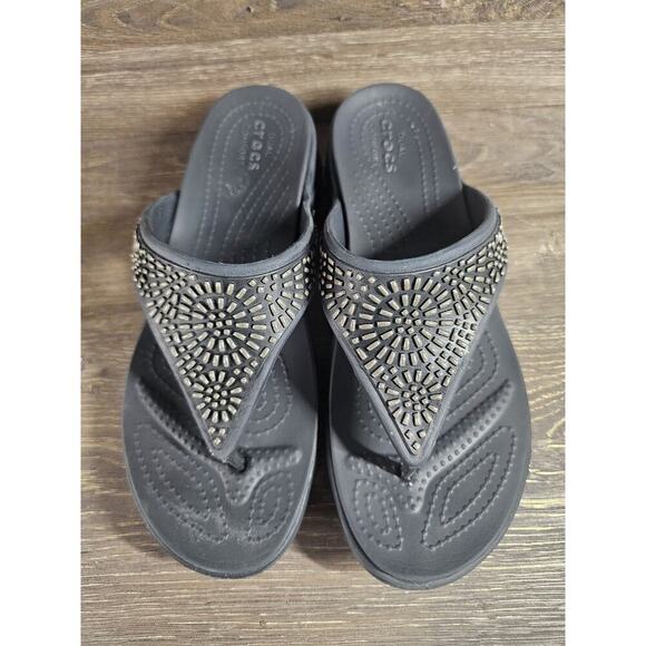 CROCS Women's Size 9 Black Embellished Monterey Diamante Wedge Flip Flop Sandals - Picture 3 of 9